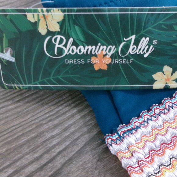 New 2 Piece High Waist Bikini Set Blooming Jelly Turquoise Teal Blue L Ruched - Picture 4 of 12